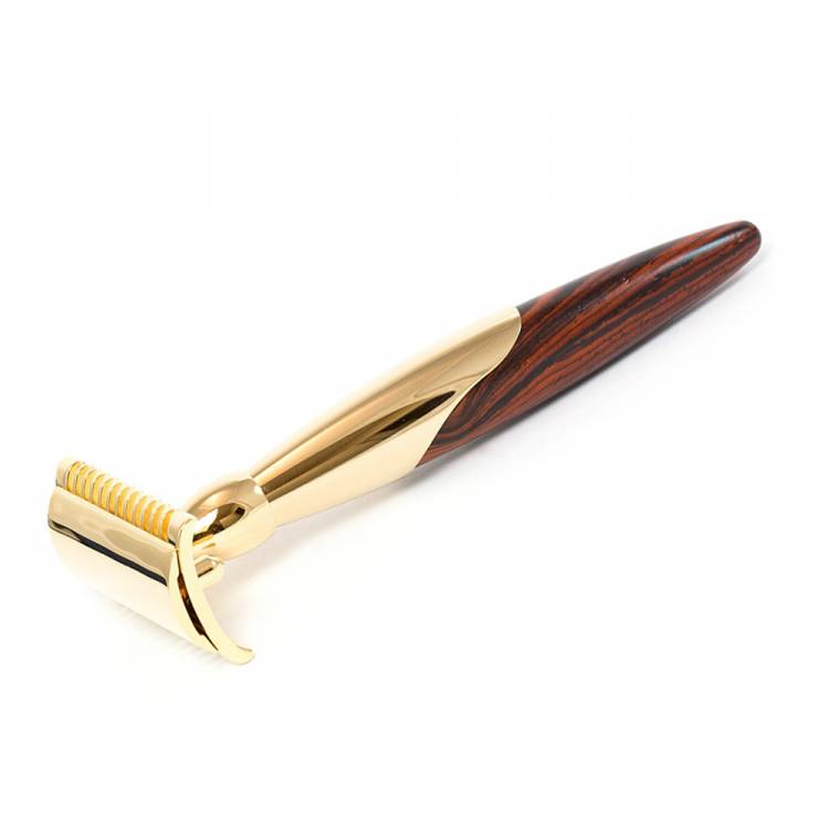 Open Comb Wood Handle Gold Plated Safety Razor