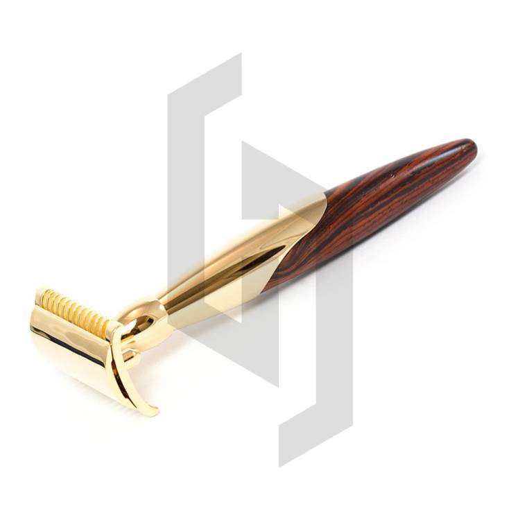 Open Comb Wood Handle Gold Plated Safety Razor