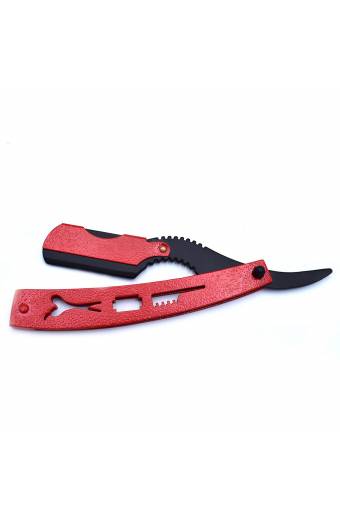 Red and black straight razor with packing