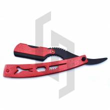 Red and black straight razor with packing