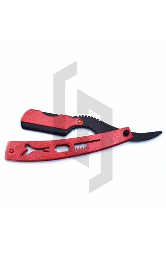 Red and black straight razor with packing