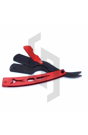 Red and black straight razor with packing