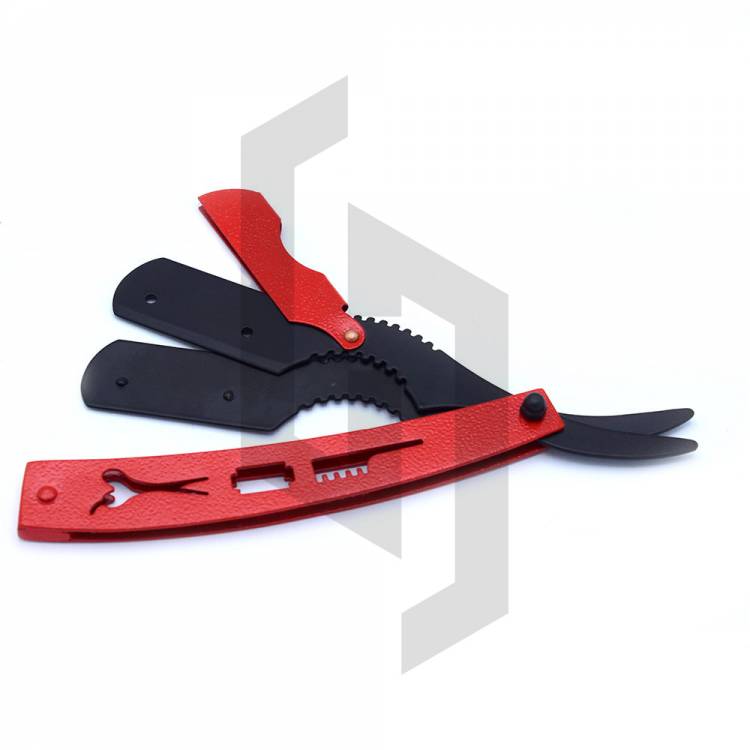 Red and black straight razor with packing