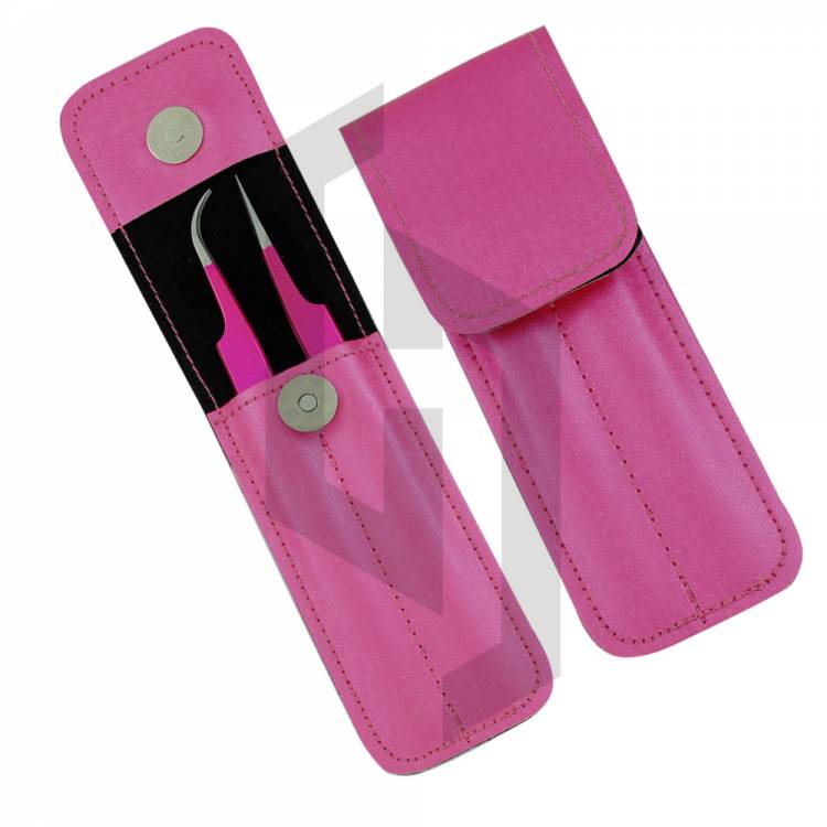 Eyelash Tweezers 2 Pieces Set with Leather Pouch