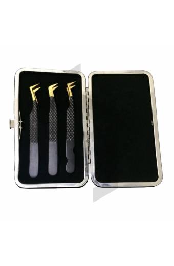 Gold and Black Eyelash Extension 3 Tweezers Set with Kit