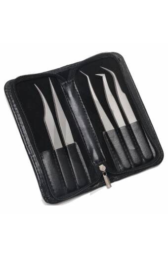 Eyelash Extension Tweezers Set with Leather Case