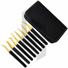 Gold and Black Eyelash Extension Tweezers Set with Kit