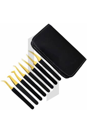 Gold and Black Eyelash Extension Tweezers Set with Kit