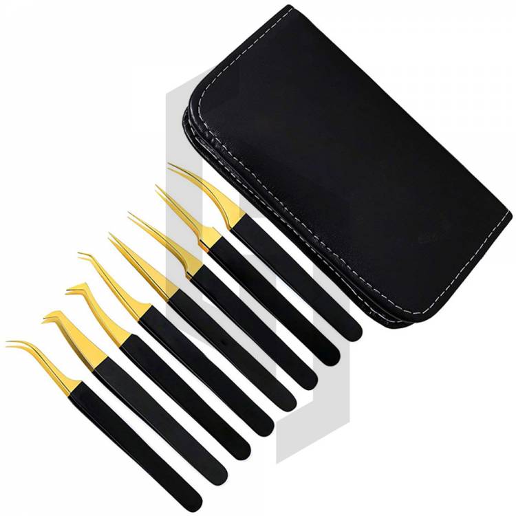 Gold and Black Eyelash Extension Tweezers Set with Kit