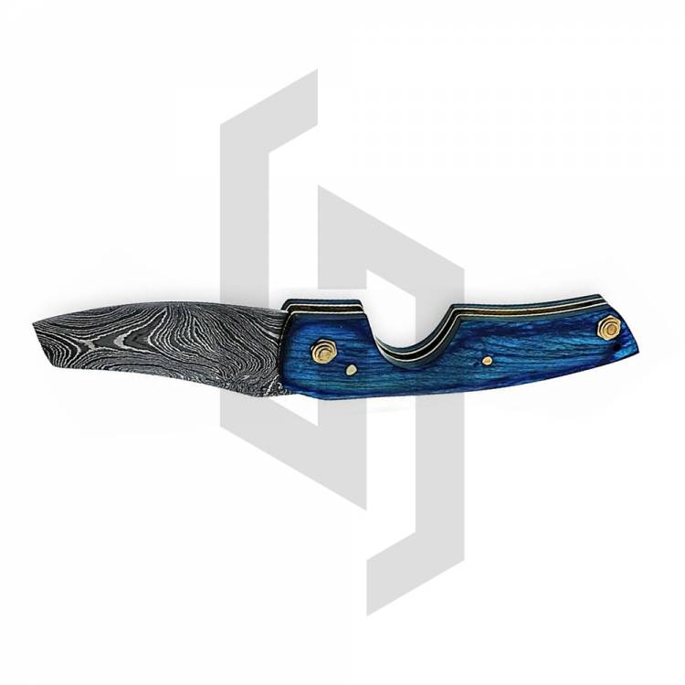Damascus Cigar Cutter Knife with Blue Handle